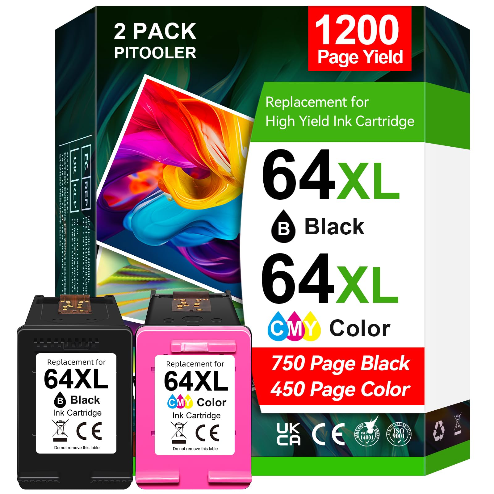 High Yield 64XL Ink Cartridges Combo Pack Compatible for HP 64 Ink Cartridge, Replacement for HP Ink 64, Works with Envy Photo 7855 7858 7155 Printer, 750 Pages Black, 450 Pages Color - 2