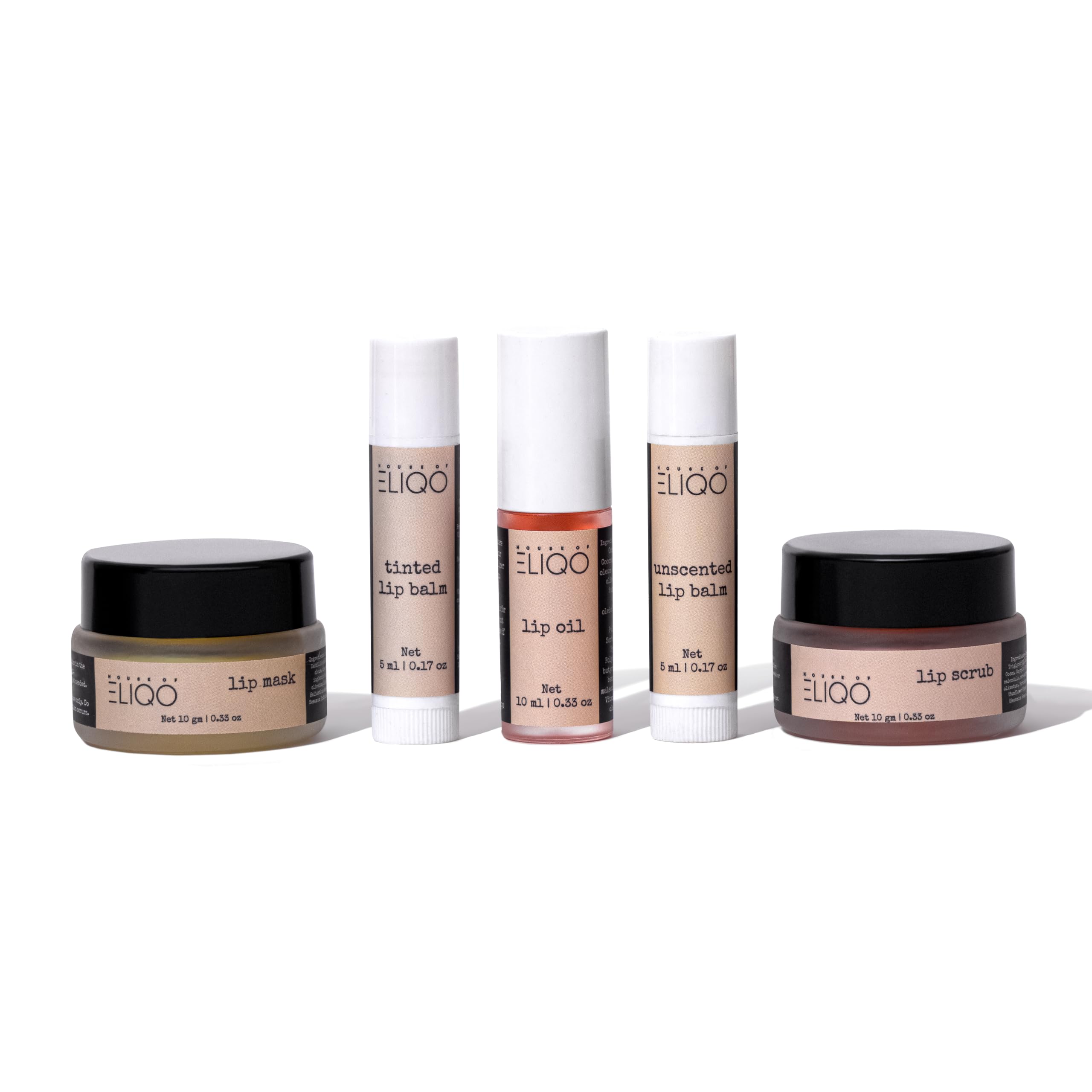 House of Eliqo 5-Piece Lip Care Kit - Berry Flavoured Exfoliating Scrub, Unscented & Tinted Lip Balms, Overnight Lip Mask, & Lip Oil - Hydrating & Nourishing for Soft, Smooth, Plump Lips