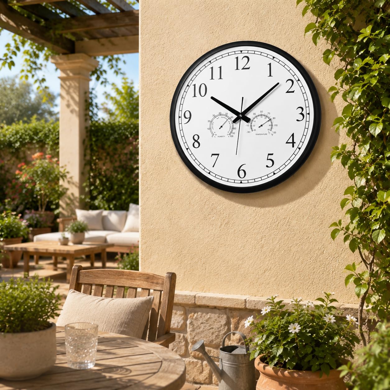 OCEST Orologio da parete da giardino da 45,7 cm, impermeabile, con termometro e igrometro, movimento al quarzo silenzioso, alimentato a batteria, per patio, giardino e piscina