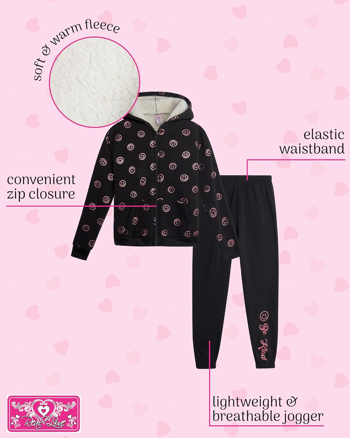 Real Love Girls Sweatsuit Set - 2 Piece Zip Up Hoodie Sweatshirt with Sherpa Fleece Lined Hood and Jogger Sweatpants (7-12)