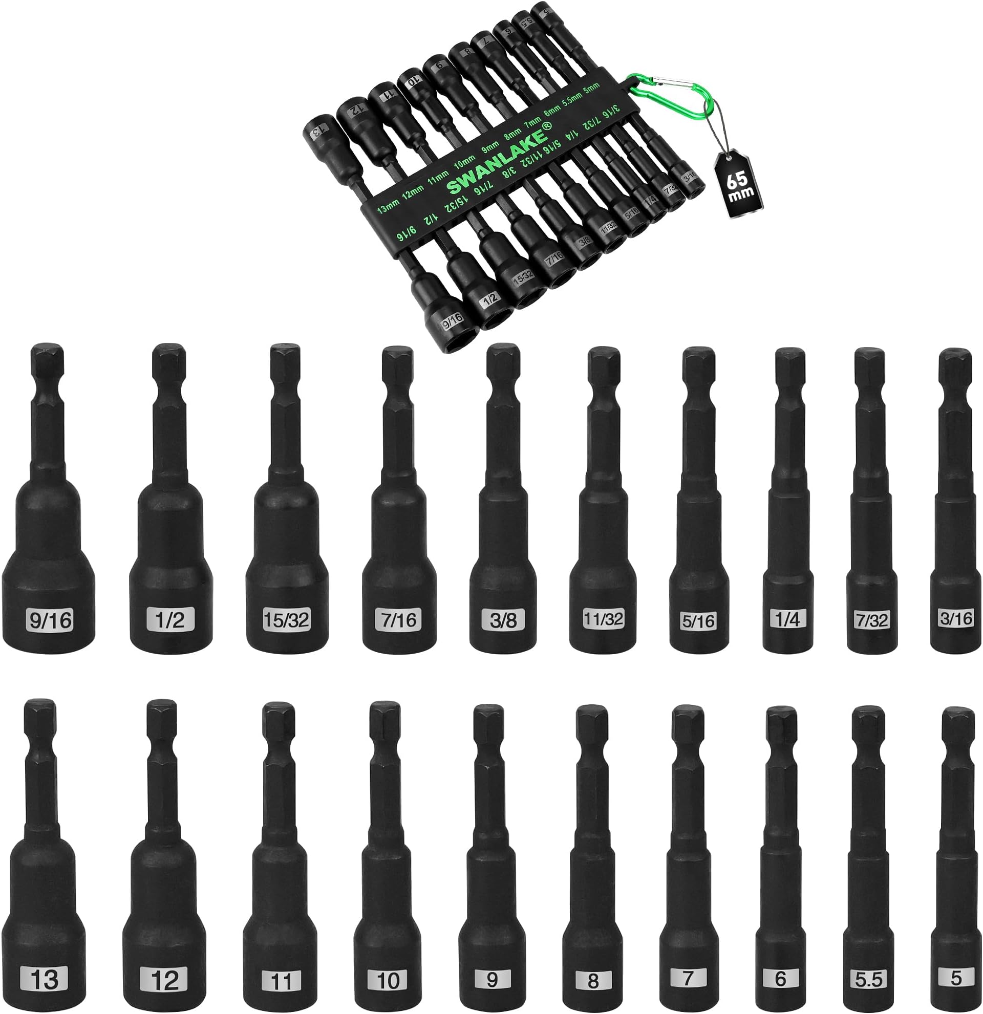 Magnetic Nut Driver Set, 20-Piece Metric & SAE 1/4" Hex Shank, Drill Socket Set, Impact Driver Bit Sets, Magnetic Bit Holder with Aluminum Alloy Snap Clip, 65mm Long Hex Bits, Quick Change Tool