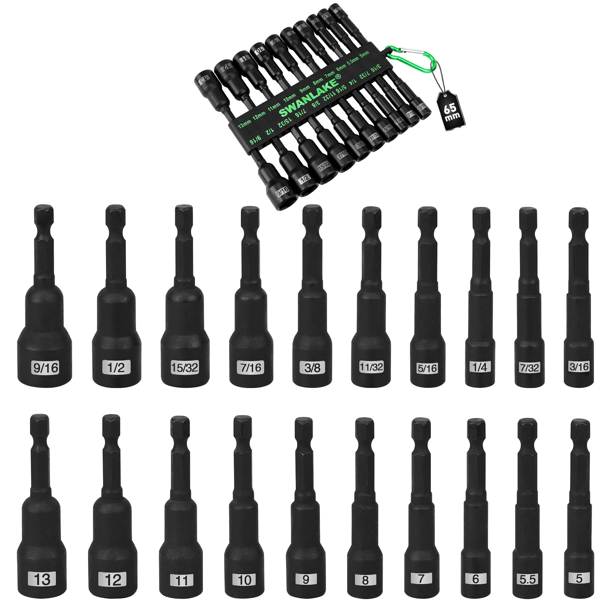 Magnetic Nut Driver Set, 20-Piece Metric &amp; SAE 1/4" Hex Shank, Drill Socket Set, Impact Driver Bit Sets, Magnetic Bit Holder with Aluminum Alloy Snap Clip, 65mm Long Hex Bits, Quick Change Tool