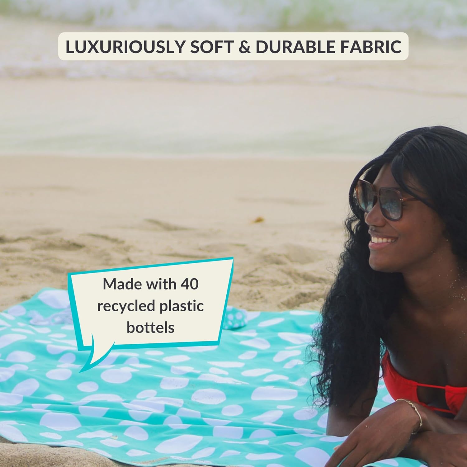 Plush Microfiber Beach Blanket, Large Beach Mat for 1-4 Persons, Sandproof, Windproof | Hole for Umbrella, Corner Sand Pockets to Fight Wind (Bag for Blanket Included)