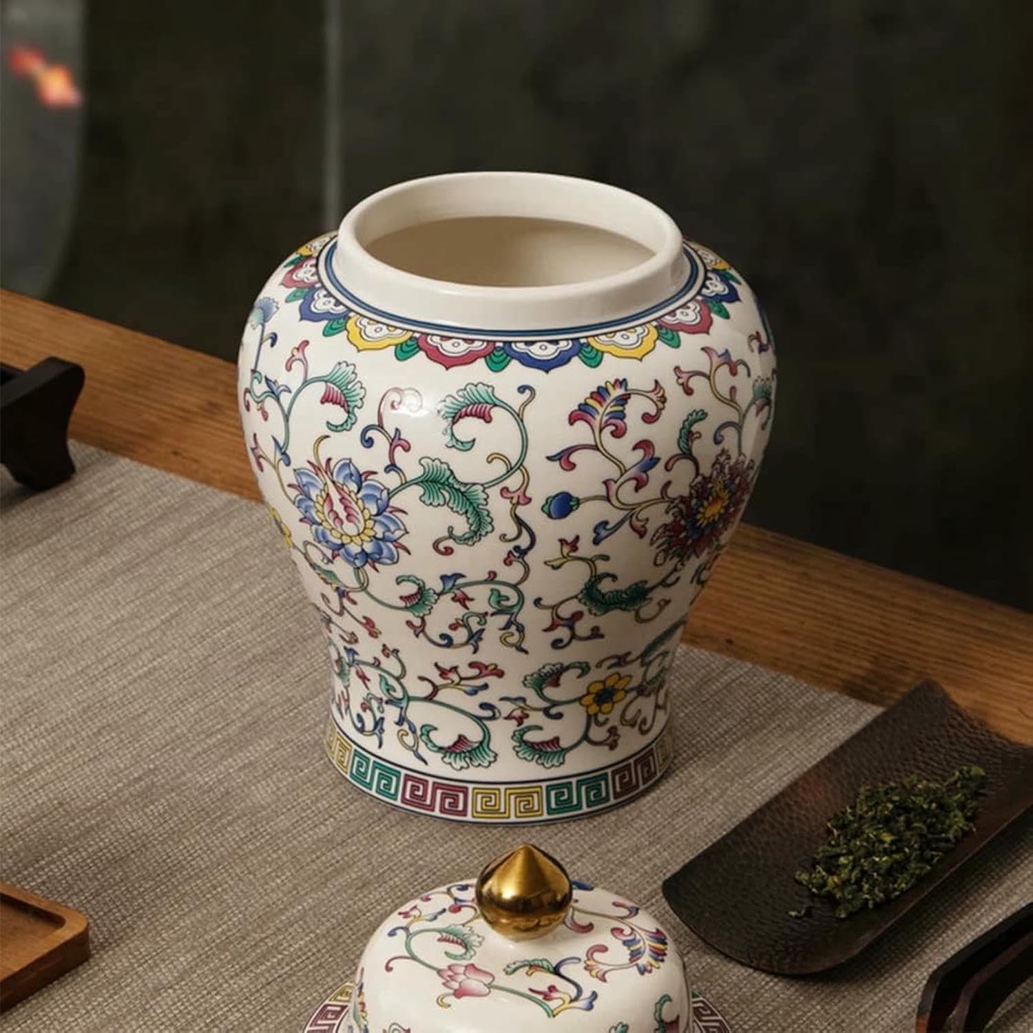 Ceramic Ginger Jar with Lid, Hand Drawn Vase for Home Decor, Chinese Style Temple Jar, Decorative Vase-