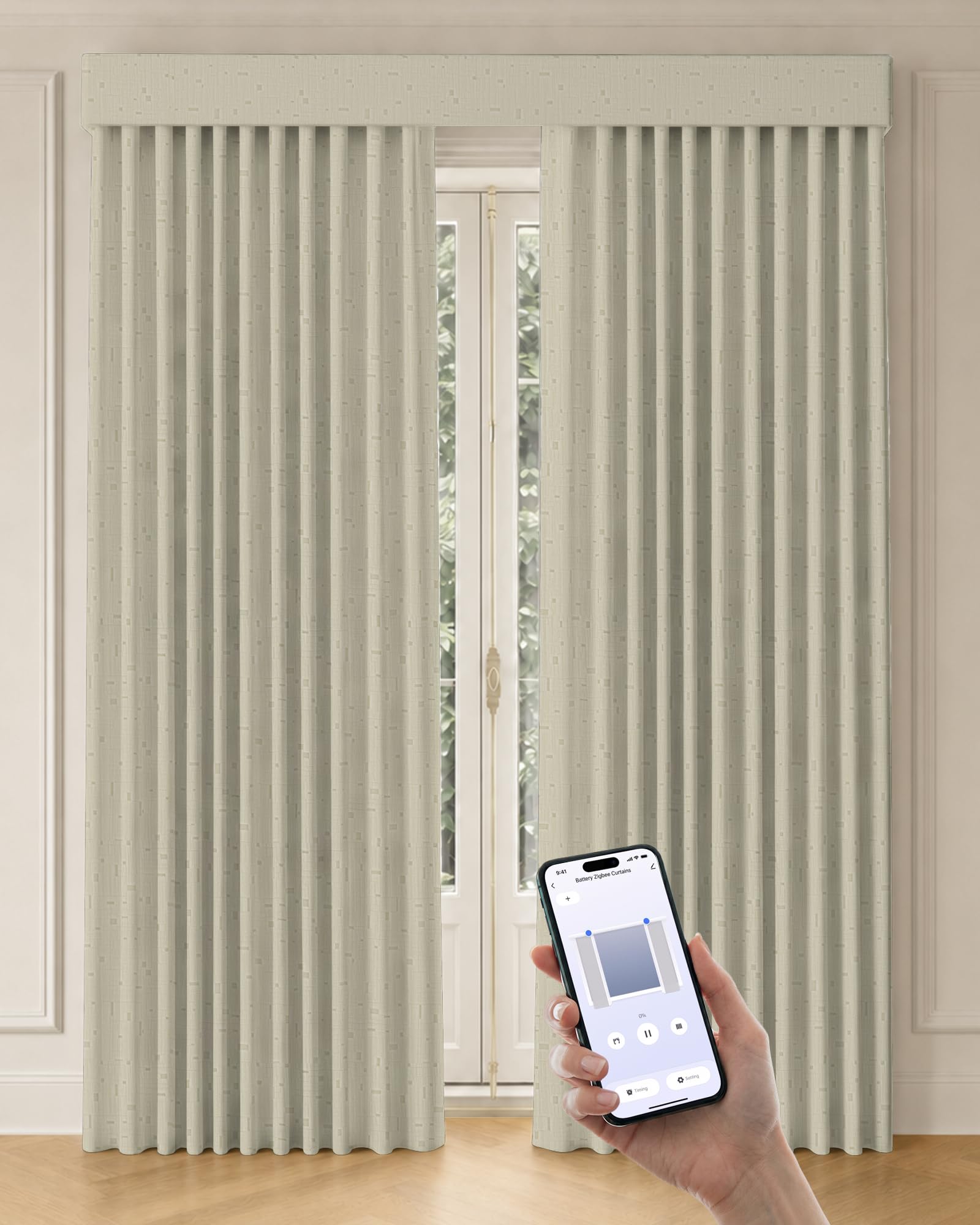 Graywind Motorized Curtains with Track, Room Darkening Smart Curtains, Rechargeable Curtains Compatible with Alexa &amp; Remote Control for Large Windows, Custom Drapes Up to 220", Silver Gleam (White)