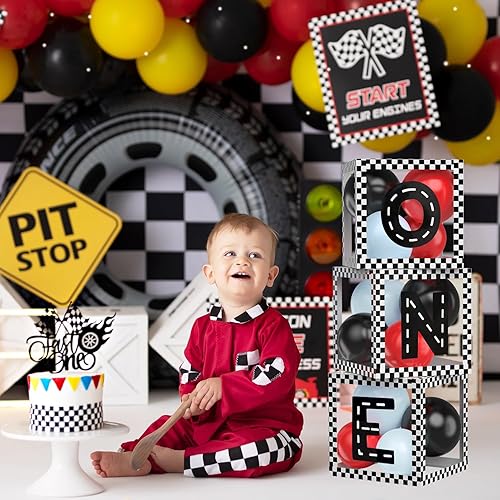 Miniatura 6 de Fast One - Decoraciones de cumpleaños para niños, cajas de letras de autos de carreras con globos, un bloque para la primera vuelta alrededor