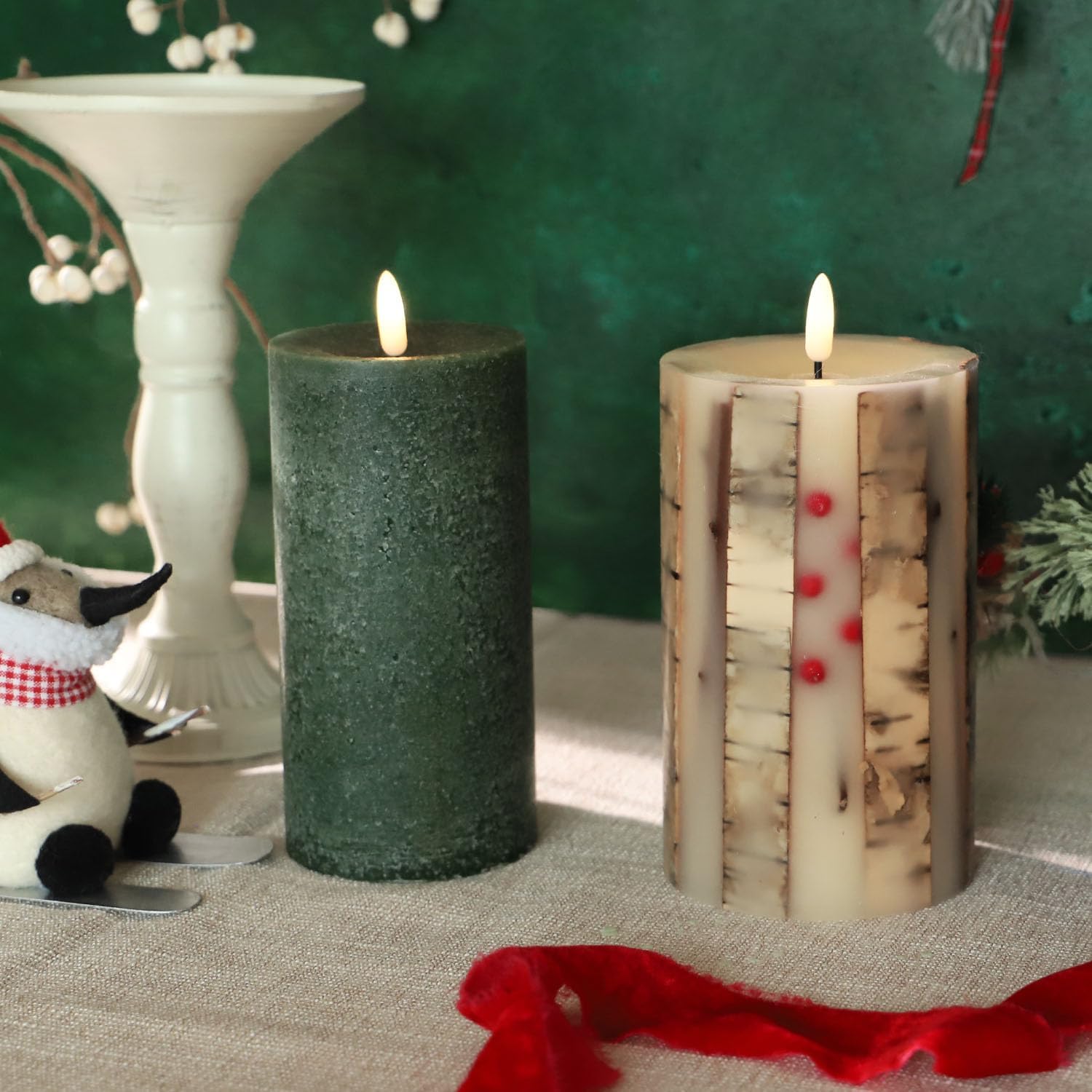 Real Birch Candles Flameless Embedded with Red Berries Christmas Flameless Candles with Remote Pillar Candles Battery Operated (3.5" × 6") - Real Wax, Unscented - for Christmas Decorations - Image 8