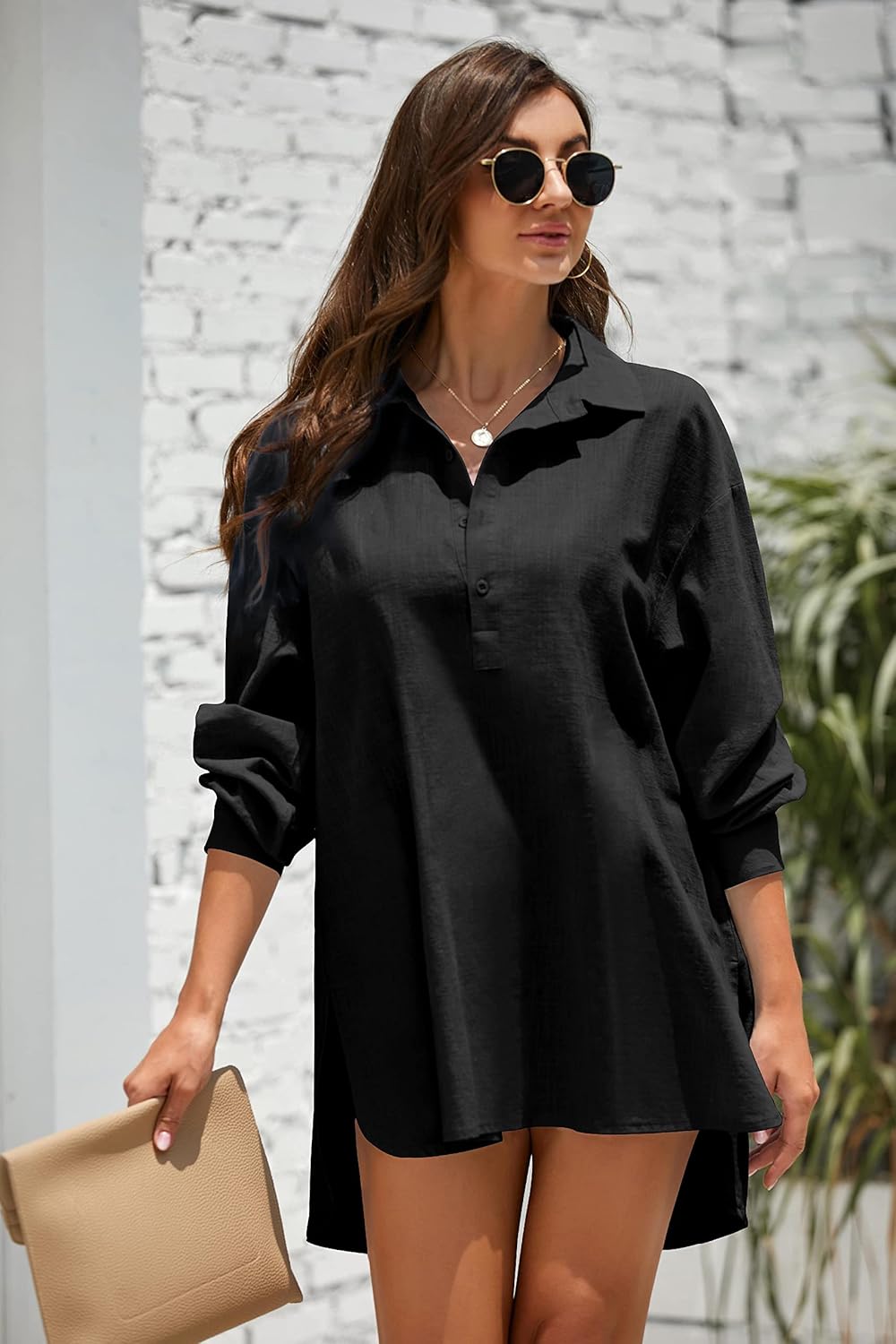 Pretifeel Womens Cotton Linen Tunic Shirts Button Down Long Sleeve Blouse Tops Beach Cover Up - Image 2