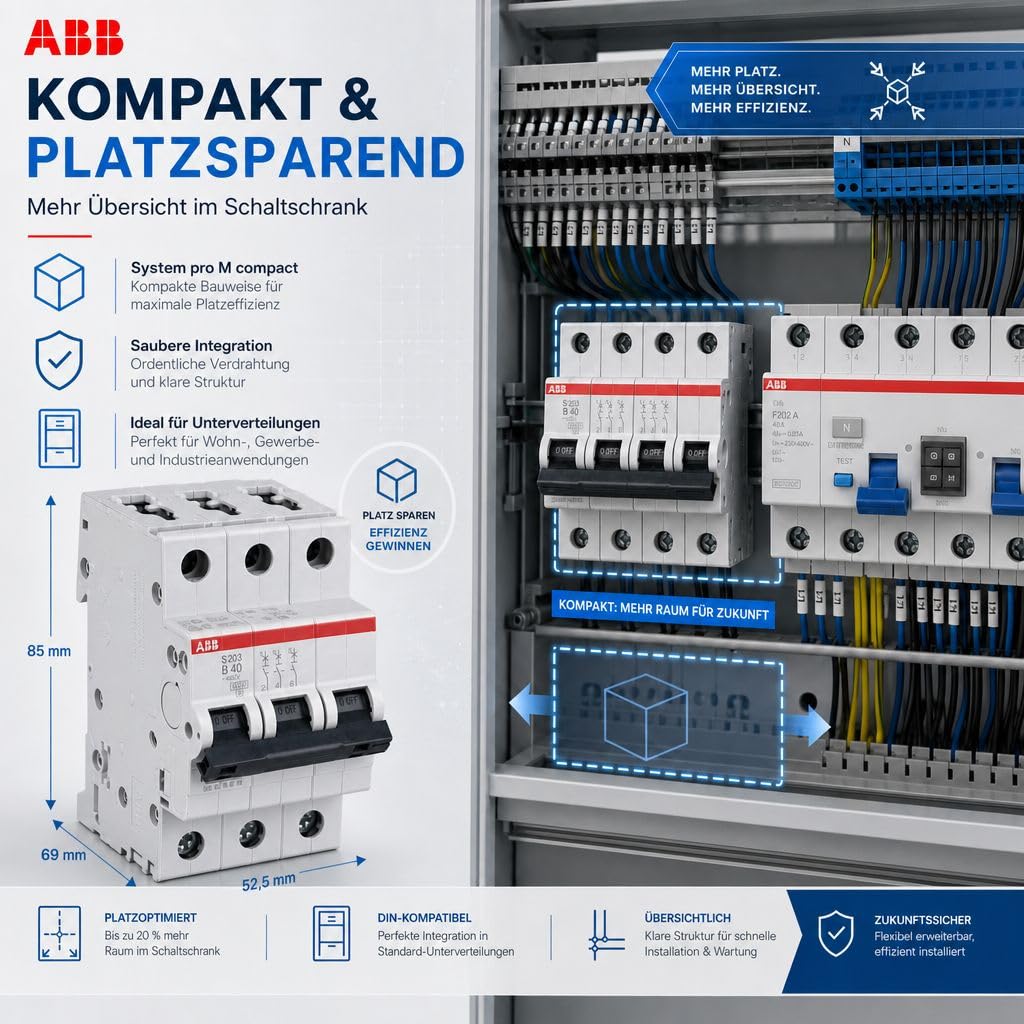 ABB S203-B40 Leitungsschutzschalter 3-polig 40A B-Charakteristik, LS-Schalter 6kA Sicherungsautomat für Drehstrom, Automaten Sicherung für Hutschiene, System pro M compact, 2CDS253001R0405