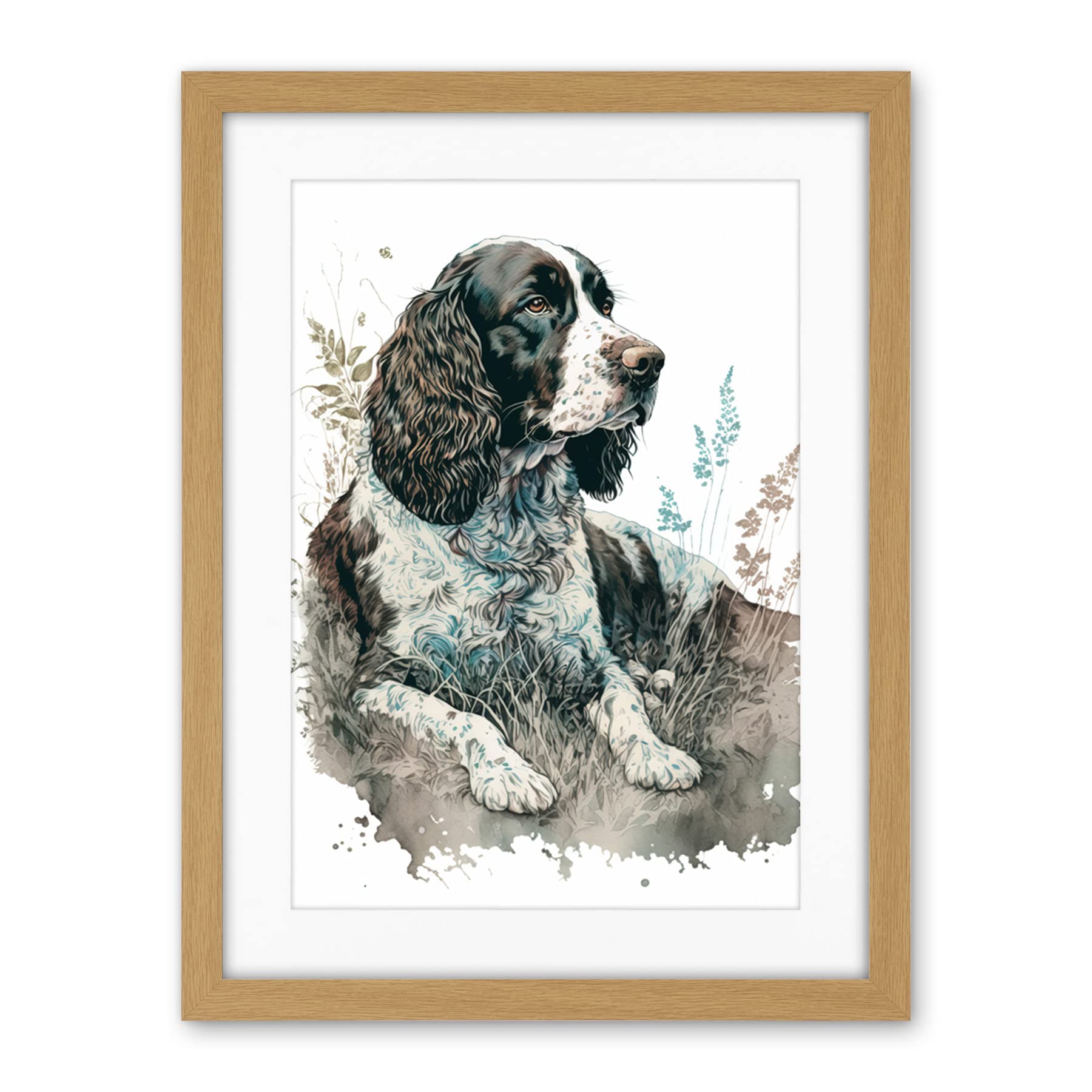 Artery8 English Springer Spaniel Dog Lying in Field Modern Watercolour Illustration Artwork Framed Wall Art Print 18X24 Inch
