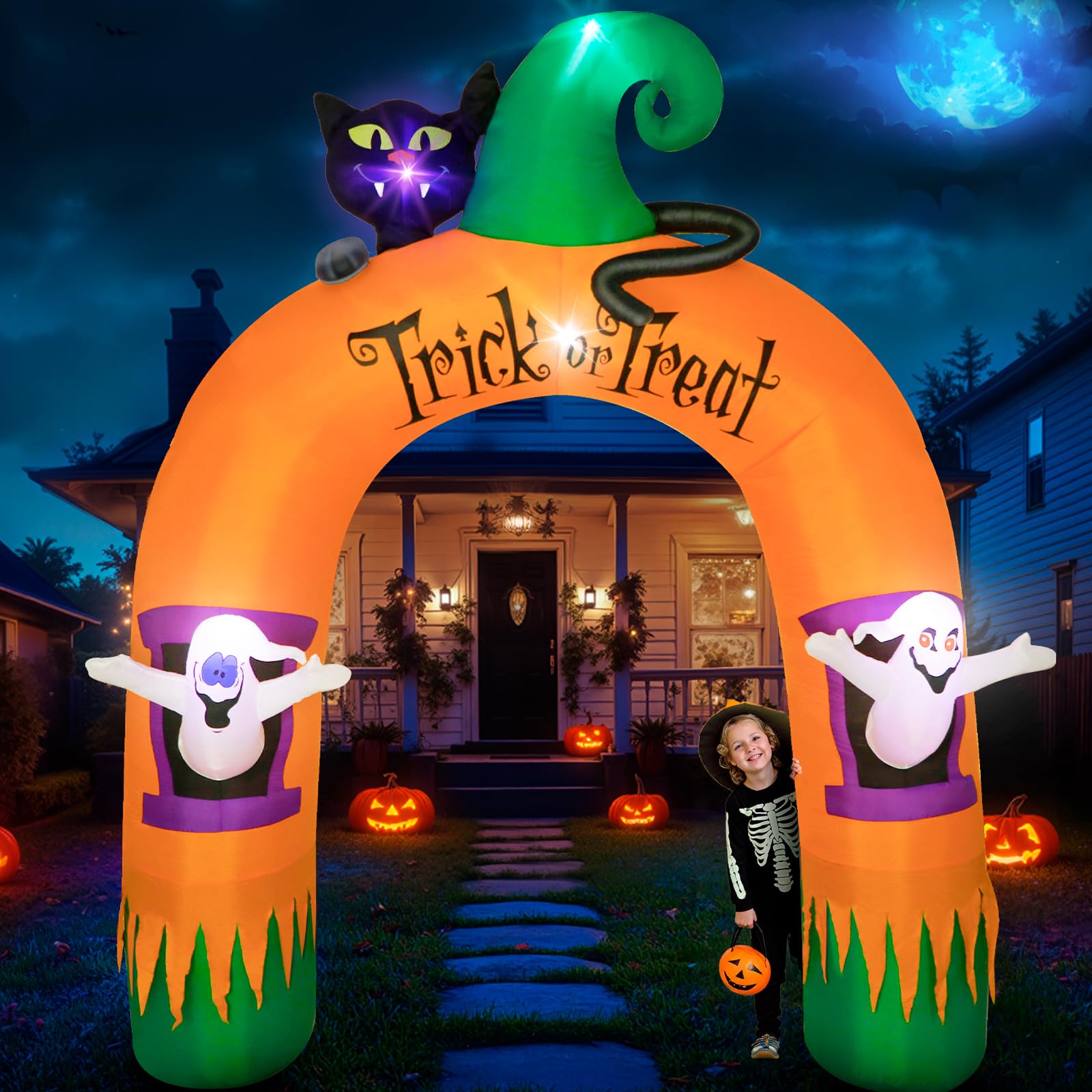 Dawdix 10FT Large Halloween Inflatable Archway Decoration, Halloween Blow Up Lighted Archway with Ghost &amp; Black Cat &amp; Cornucopia, Trick &amp; Treat Yard Garden Patio Lawn Outside Decor