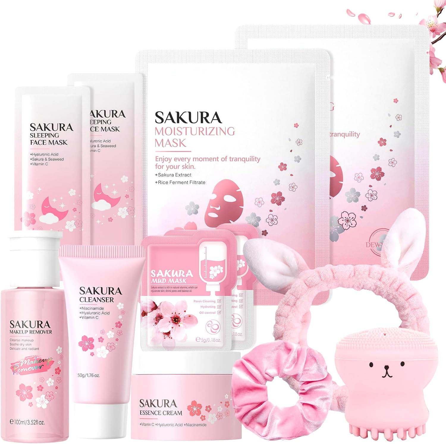 12 Piezas Set de Cuidado Facial Sakura, Set de Cuidado Diario de la Piel con Limpiador, Desmaquillante, Crema, Mascarilla Facial, Limpieza y cuidado facial, para Adolescentes y Mujeres