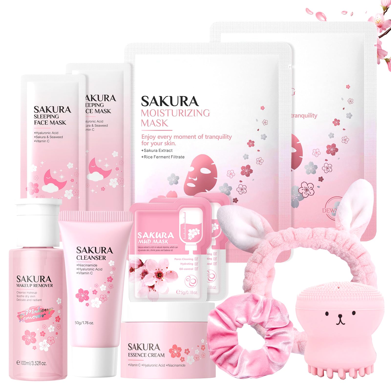 Sakura Gesichtspflege Set 12 Stück, Hauttäglich Hautpflege Set mit Cleanser, Make-up-Entferner, Gesichtscreme, Gesichtsmaske, Gesicht Reinigung & Pflege, für Teenager Mädchen und Frauen