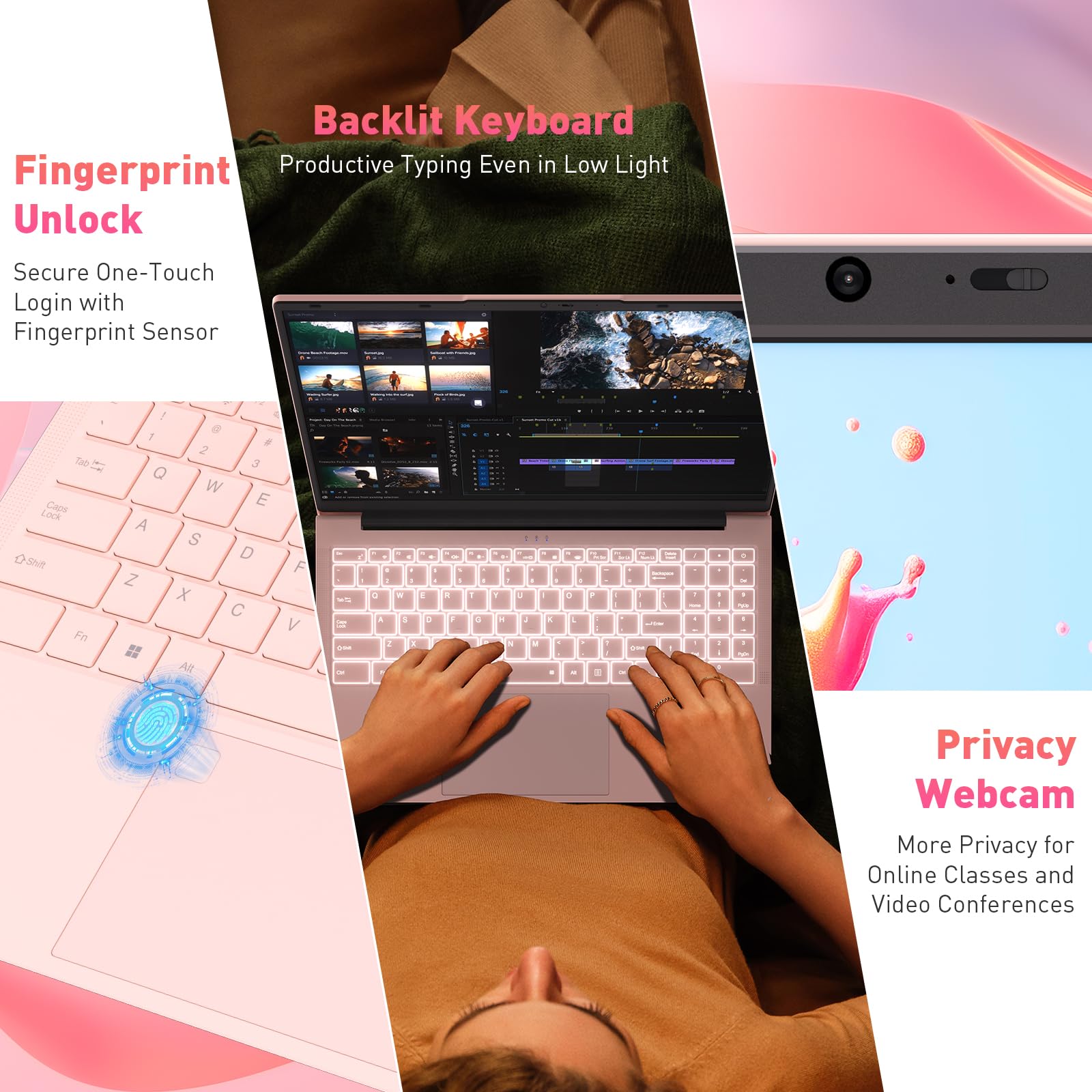 Auusda 15.6" FHD Laptop for Students & Work, 16GB Dual RAM, 512GB SSD, Backlit Keyboard, Fingerprint Sensor, Pro System, Dual core Processor, Full-featured USB C, USB 3.0/2.0, HDMI, Pink — view 3