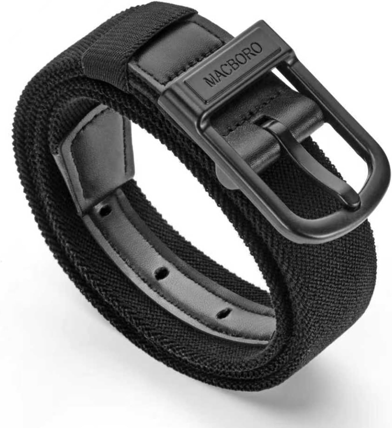 MACBORO Stretch Golf Belt for Men – TSA Approved, Hypoallergenic, Non-Metal, Black Nylon with Leather Tab 1.38"