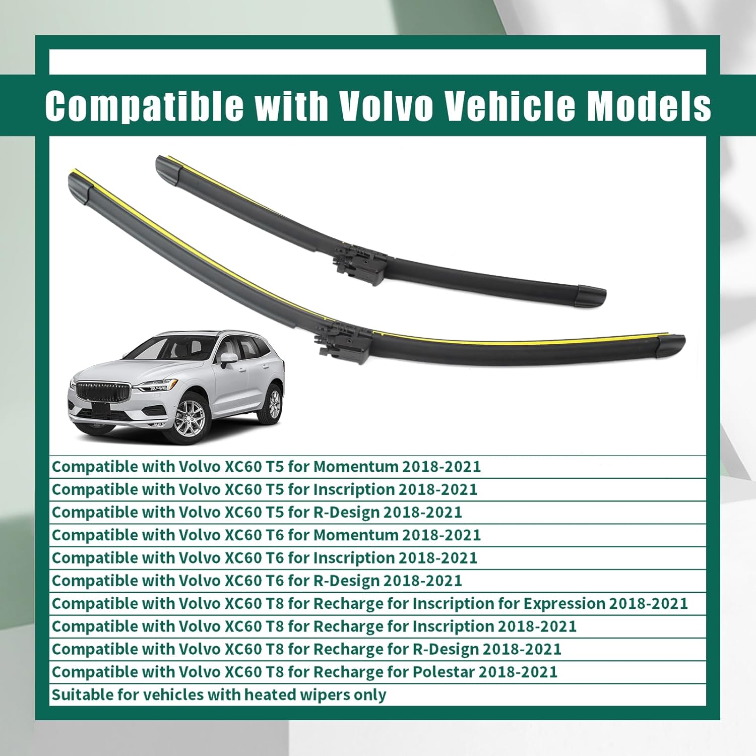 YUXIVCNE 31490720 Front Windshield Wiper Blade Compatible with Volvo XC60 T5 T6 T8 2018 2019 2020 2021 Windshield Heated Wiper Blade Kit Replace 31689263