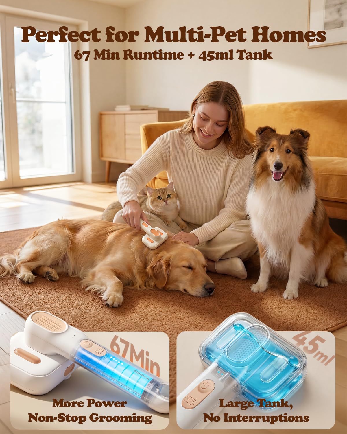 Rorhxia Dampf-Hundebürste für Haarausfall, hautfreundlich, selbstreinigend, 1 x Shampoo, IPX7 wasserdicht, Pet Pro Fellpflege-Werkzeug für Hund und Katze, kurze/lange Haare, Pudel, Kritzeleien