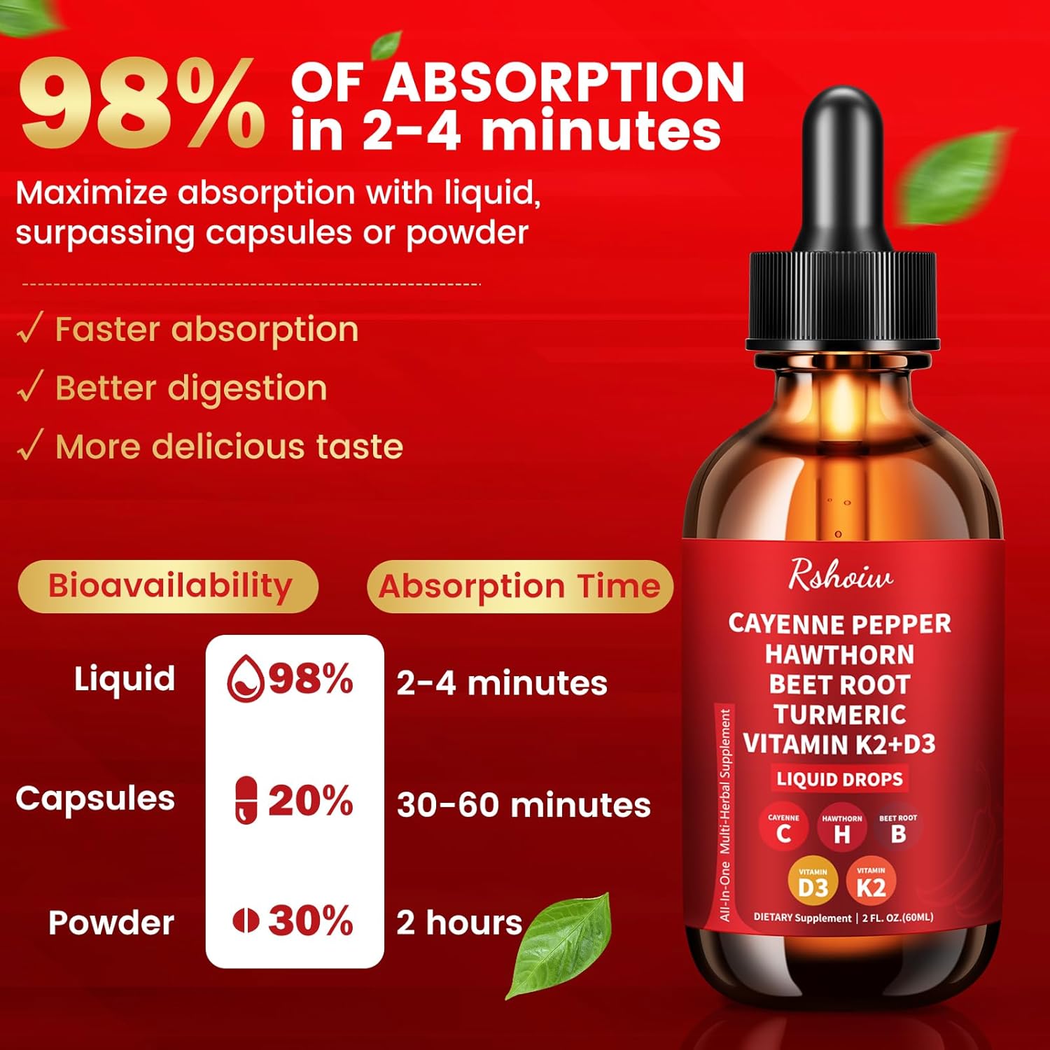 Cayenne Pepper Drops Supplement Liquid with Hawthorn Berry, Vitamin D3 K2, Turmeric Curcumin, Beet Root, Ceylon Cinnamon Vegan- Friendly - 60ml - Image 5