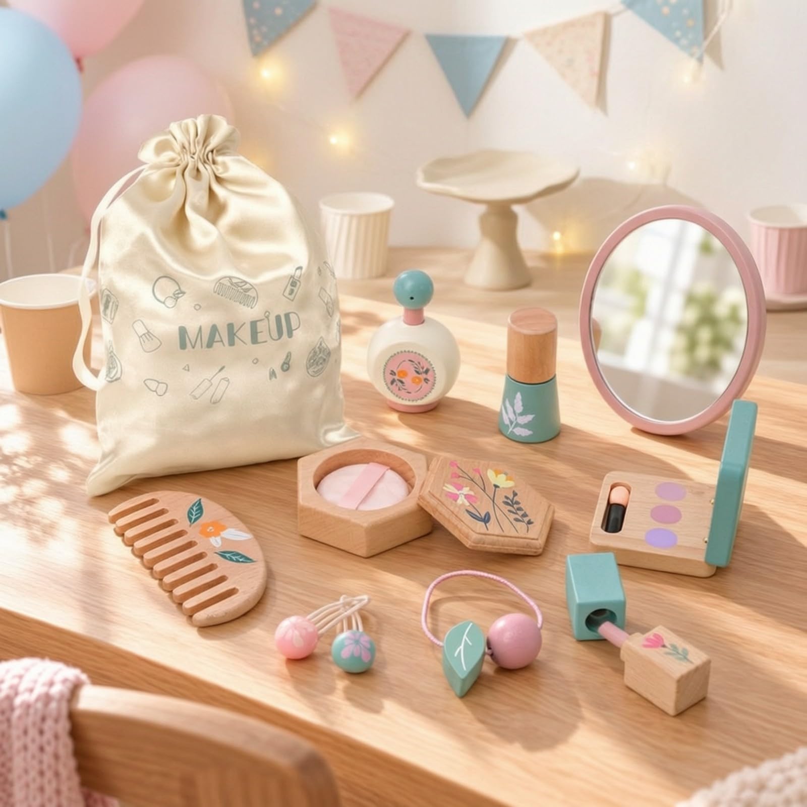 Kit Trucco in Legno per Bambini con Borsa a Coulisse Sicuro Set di Trucchi Finto con Trousse Completo Giocattolo per Apprendimento Precoce,