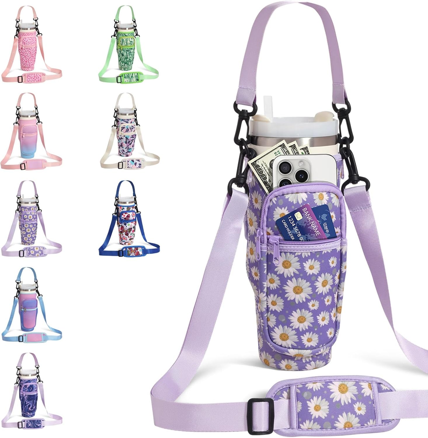 DLOCCOLD Water Bottle Carrier Bag with Phone Pocket for 40 oz Tumbler, Water Bottle Holder with Adjustable Shoulder & Handheld Strap, Carrier Sling Bag for Water Bottle Walking Camping Travelling