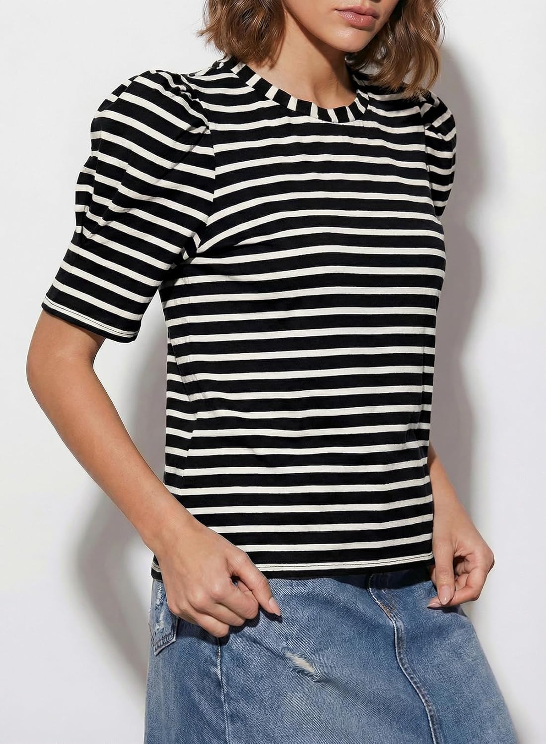 Dokotoo Women's Casual Short Puff Sleeve Crew Neck Striped T Shirts Summer Tops - Image 4