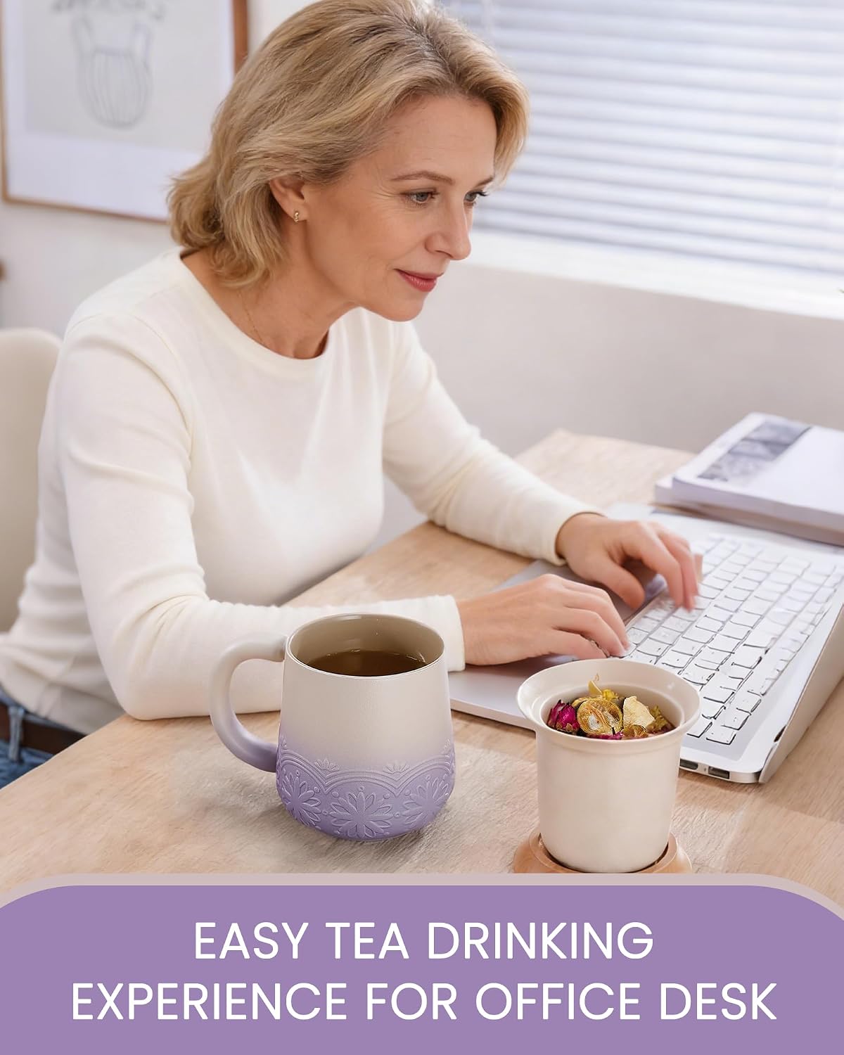 ZENS Tea Mug with Infuser and Lid for Loose Leaf Tea Steeper, 11 oz Embossed Ceramic Tea Cup with Strainers. Wood Lid Tea Diffusers Mugs for Collector's Mug Gifts, Pale Purple