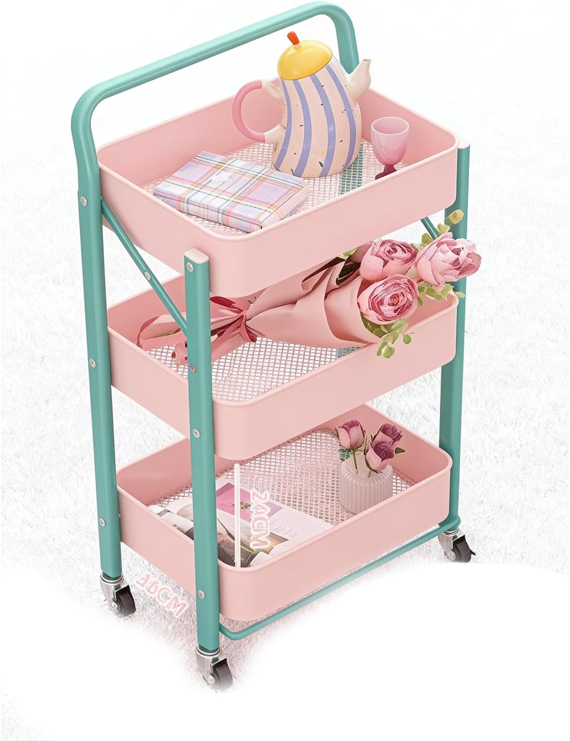 Home Folding Wrought Iron Universal Wheel Small cart Floor Storage Rack, Snack Storage, Reading Backpack Rack (Free Installation) (Thickened Pink 3-Layer armrest)