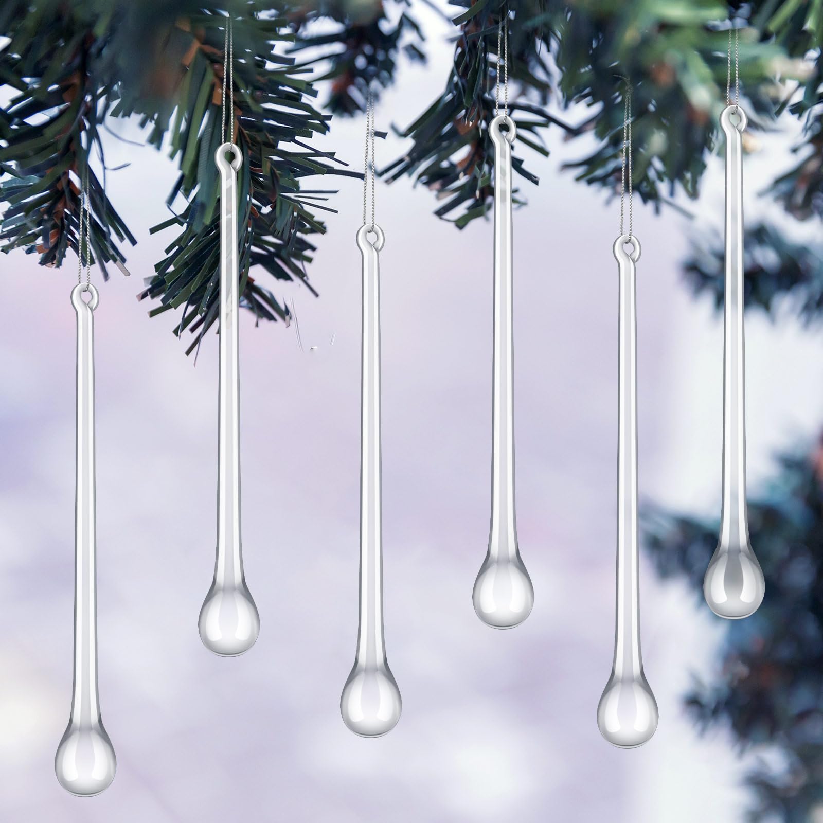 Glas-Eiszapfen, Weihnachtsschmuck, 12,9 x 1,5 cm, extra lang, transparent, Tropfenform, Weihnachts-Kronleuchter, Ornamente, Kristall-Hängeornamente, Glas-Regentropfen für