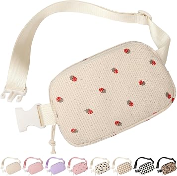 Vankor Corduroy Cute Fanny Packs for Women Cross Body, Everywhere Belt Bag for Women Crossbody Stylish Waist Pack Purse for Travel, Hiking, Workout, Running, Beige Corduroy Strawberry