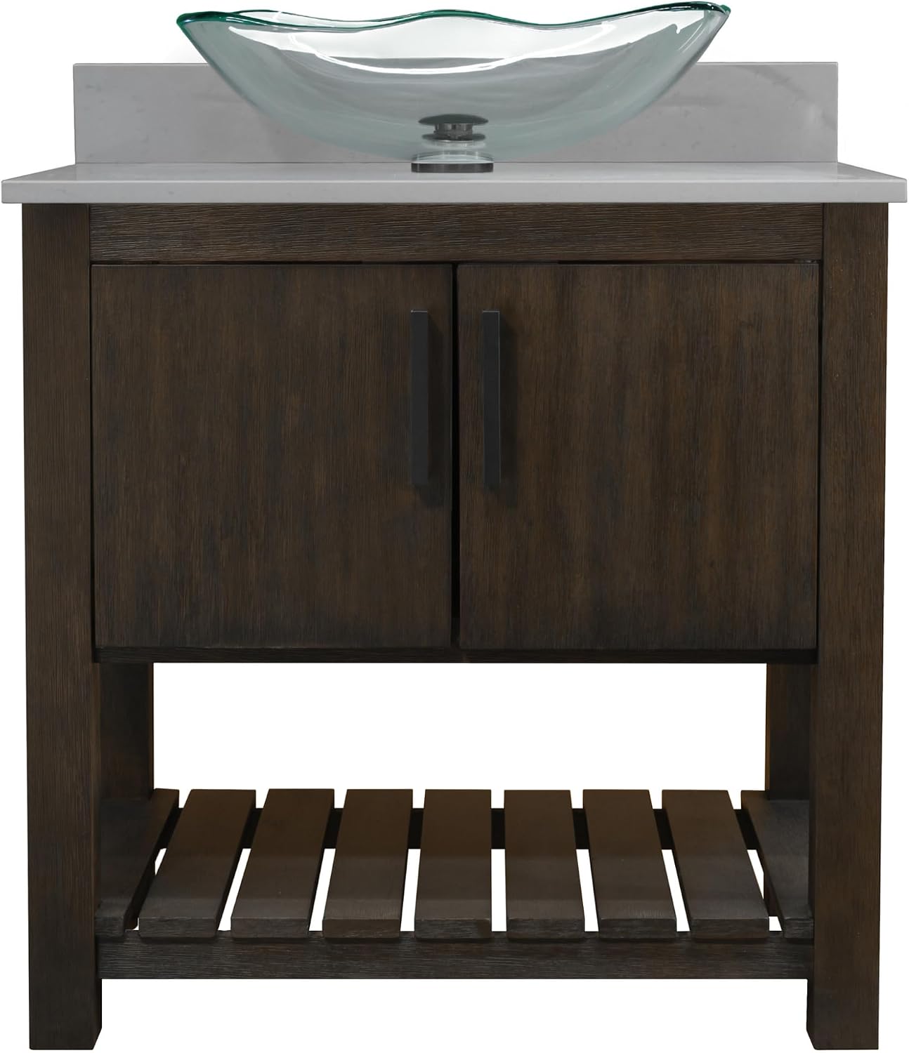 Miseno MV-30CM-NOBV-280-317C-MIR 30" Free Standing Single Basin Vanity Set with Cabinet, Grey Quartz Vanity Top, Rectangular Glass Vessel Sink and Mirror - Cafe Mocha/Storm Grey Top/Matte Black