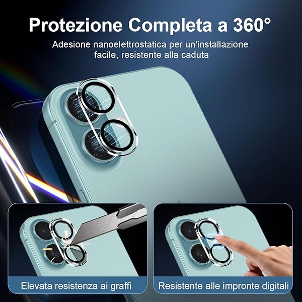 NEW'C 2 x Pellicola Vetro Temperato per iPhone 16 (6,1 pollici) e 2 x Pellicola Vetro Protettiva Fotocamera Posteriore per iPhone 16 - Ultra Resistente - Strumento di facile installazione incluso - 3