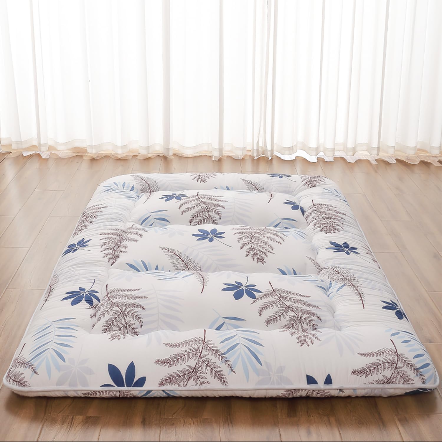 Zelladorra Japanese Floor Mattress, Futon Mattress with Portable Storage Bag and Washable Cover, Roll Up Thick Tatami Mat Suitable for Camping, Guest Room, White Leaf, Full