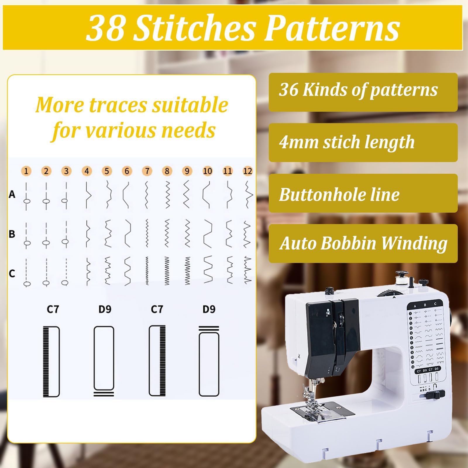 Tragbare Elektrische Nähmaschine mit Anschiebetisch,38 Stichprogrammen Nähmaschine für Anfänger und Kinder,Sewing Machine Mini mit Einstellbarer Geschwindigkeit mit Fußpedal & Nähset