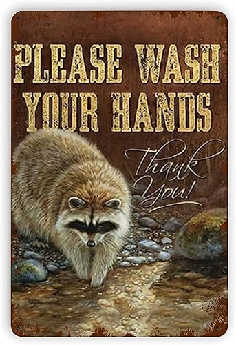 Vintage Women Raccoon Please Wash Your Hands Bathroom Office Poster Metal Aluminium Tin Sign 8x12 Inch Wall Decor