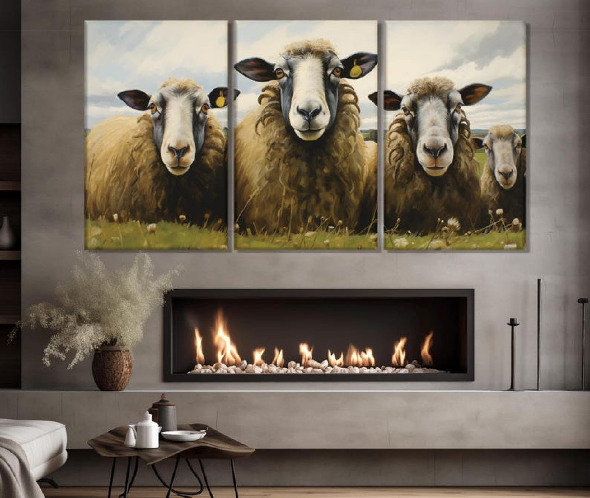 TONGYINLI Obraz śliczna rodzina owiec drukowany na płótnie plakat owiec na łące wiejska sztuka ścienna pasterz dekoracja domu mural 70 x 90 cm x 3 bez ramki