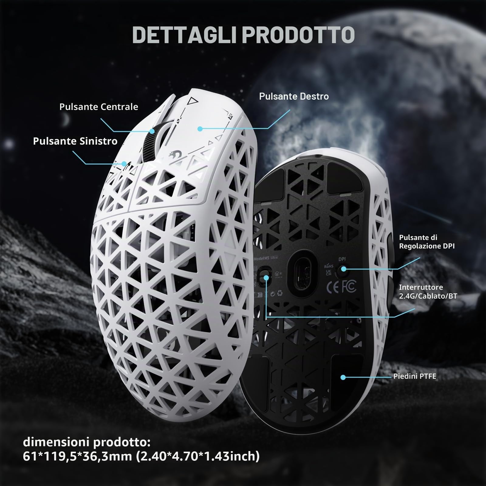 MAMBASNAKE M5 Ultra Carbon Fiber Mouse da Gioco Wireless 8000Hz con Fino a 42000 DPI, 39g Ultraleggero, Sensore PAW3950MAX, Chip Nordic 52840, 2,4GHz Wireless/BT/Cablato, per PC/Xbox/PS/Mac - Bianco A