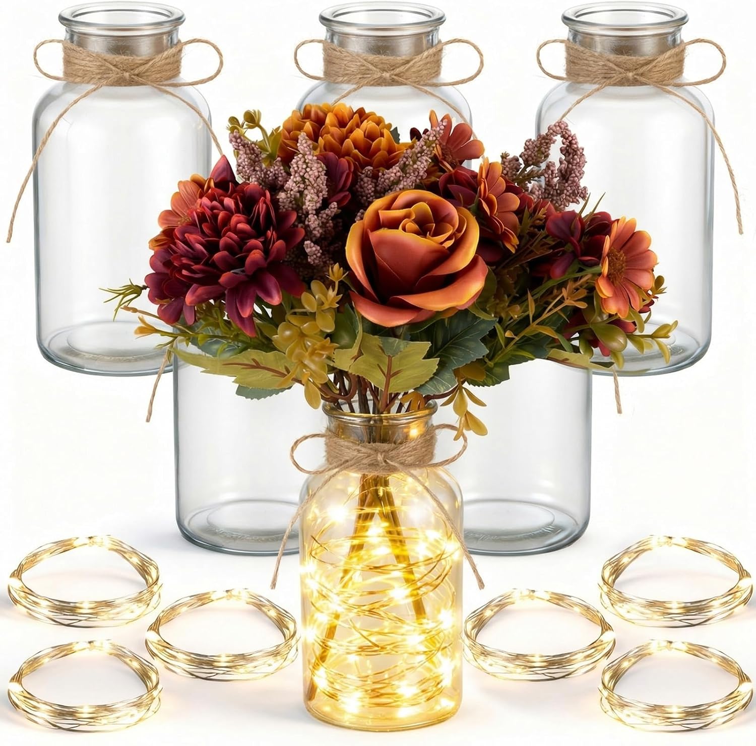 LemonRoad 6 Set Vintage Glass Flower Vase Mason Jar for Centerpieces with Fairy Lights Battery Operated Clear Vases for Weddings Parties Farmhouse Home Table Valentine's Decor Floral Arrangements