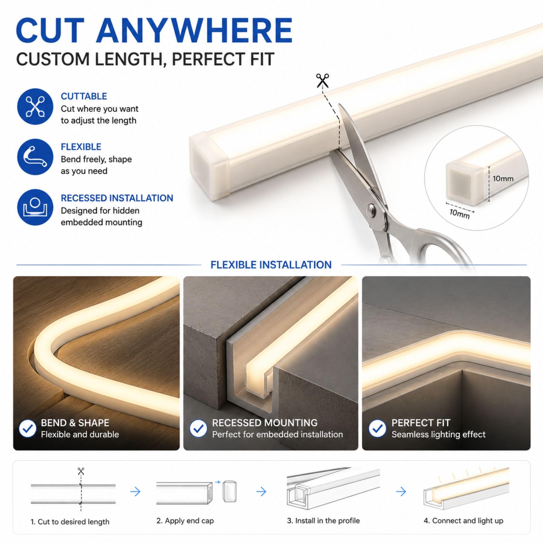 A2ZWORLD LED-Streifen Neon Flex 24 V 100 Meter, Neutralweiß 4000 K, Einbauleuchte 10 x 10 mm, 11 W/M 660 lm/m, Neon LED flexibel, auf die Größe zuschneidbar, matte Ummantelung, viel Zubehör enthalten