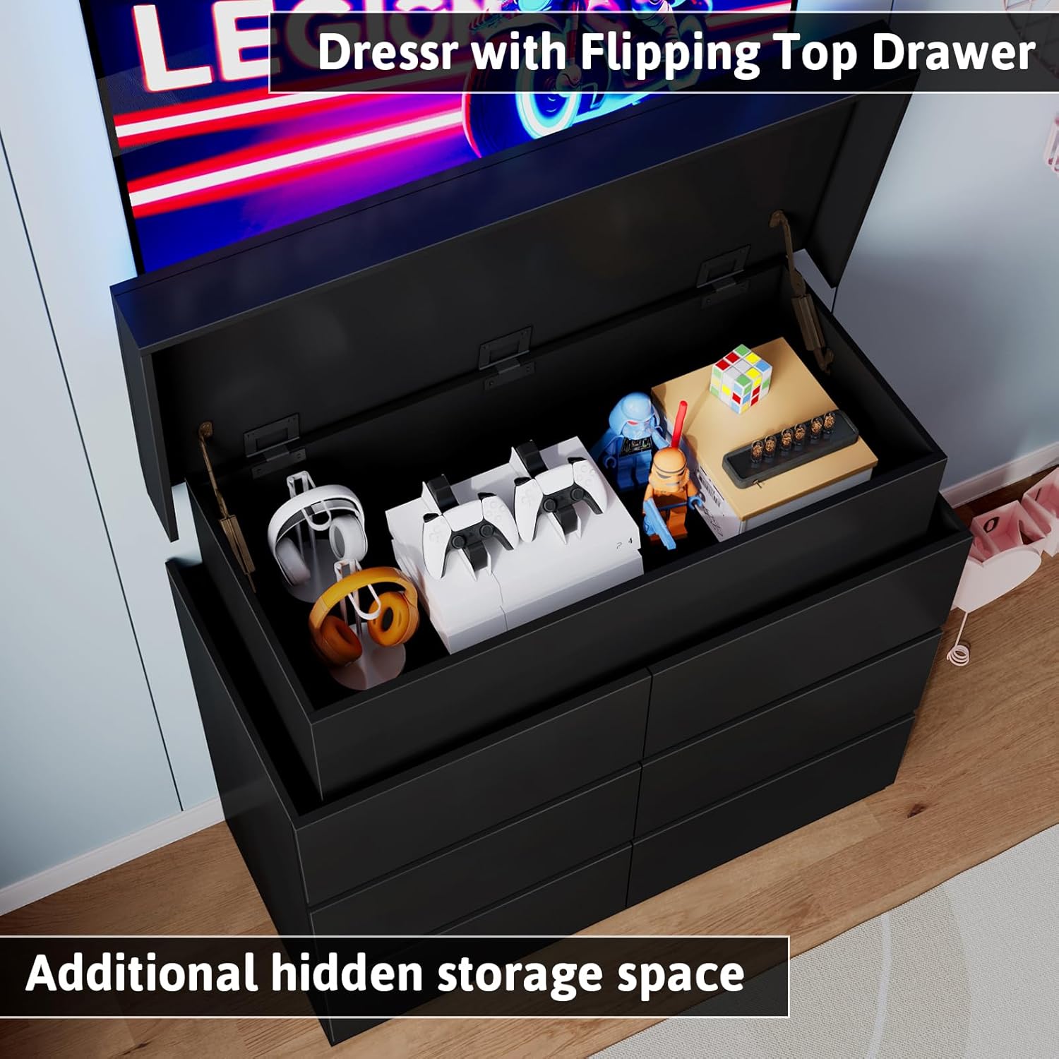 Flip-Top Storage TV Stand with Charging Station, Gaming TV Stand for 55" TV with Fl... - Image 5