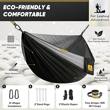 Camping Hammock with Mosquito Net, 500 lbs Portable Hammock with Tree Straps, 2-in-1 Double/Single Travel Hammock Tent for Outside/Indoor/Backpacking/Beach - Black & Grey