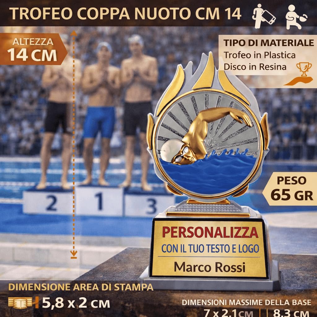 D&Vlab Trofeo Nuoto 14 cm Argento con Targhetta Personalizzabile – Coppa Nuotatore Economica per Gare, Piscine ed Eventi Sportivi