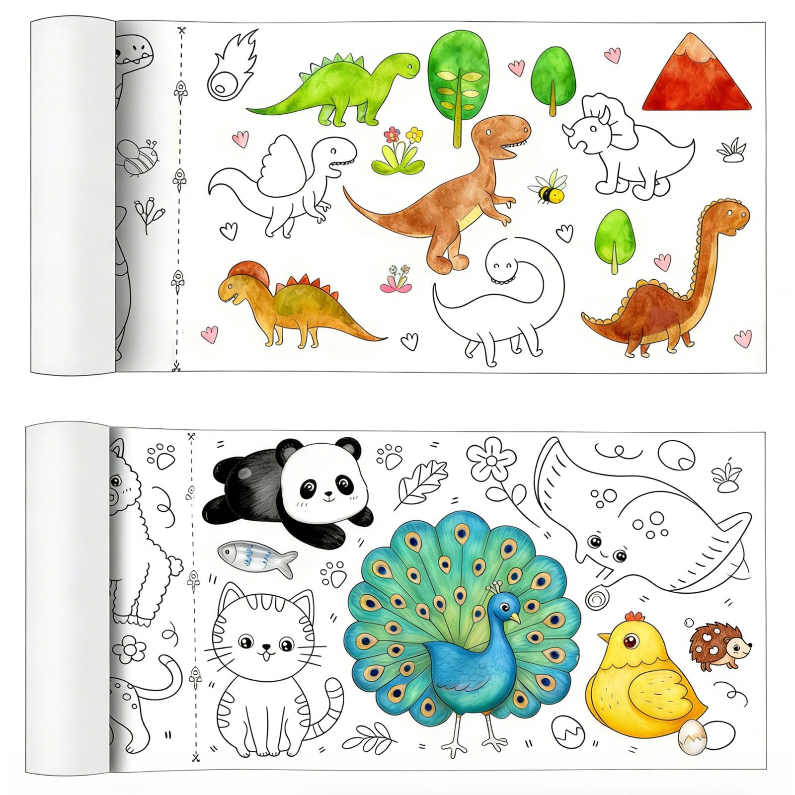2 Rolls Drawing Paper Roll, 300 x 30 cm DIY Colouring Papers, Sticky Craft Colouring Sheets Painting Paper Roll for DIY Arts and Crafts, Party Gifts(Animal World, Dinosaur Park)