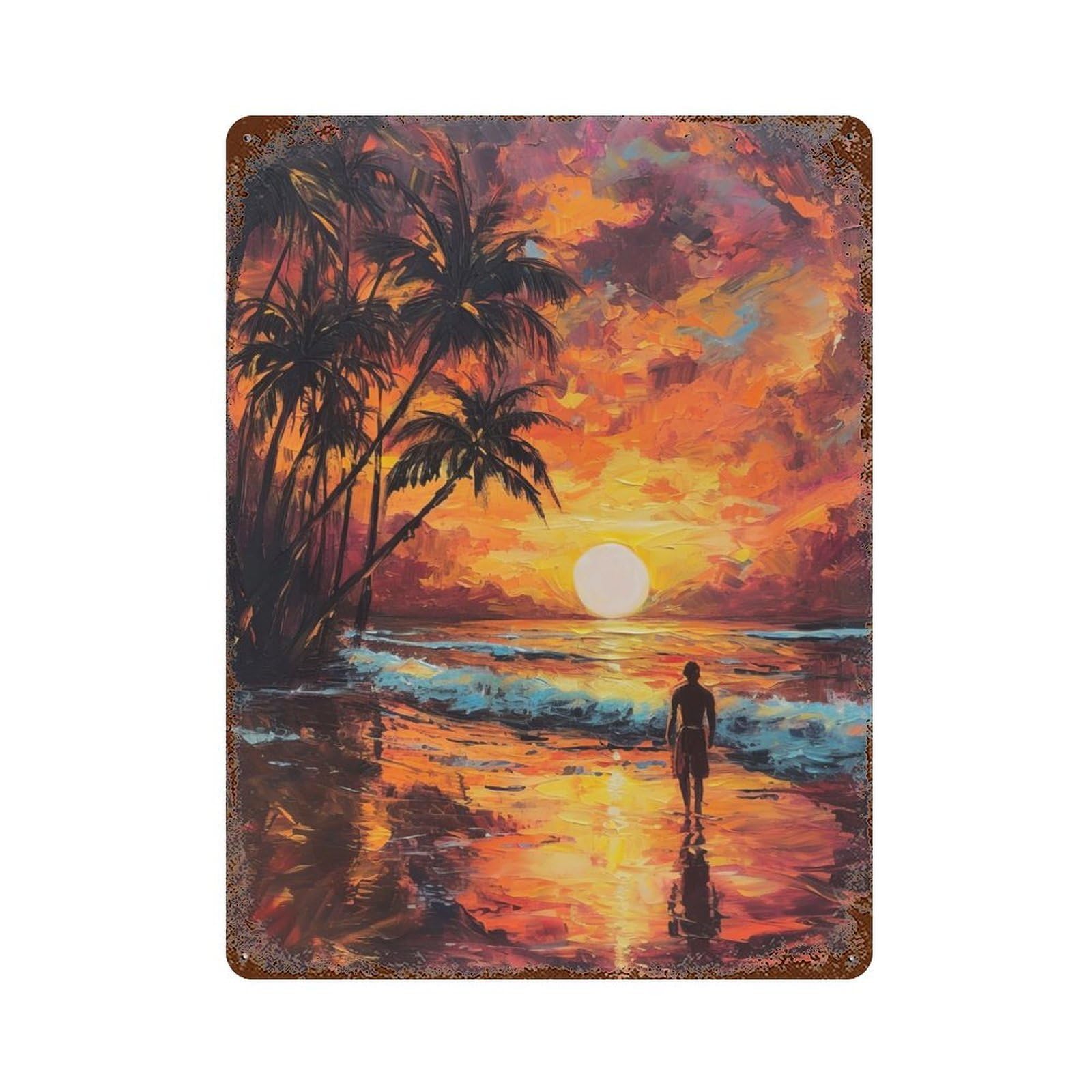 Vintage Rust Metal Sign with Beach Sunset Bliss Design 15.7"x11.8", for Shed, Workshop And Garage Wall Decor, Classic Wall Plaque