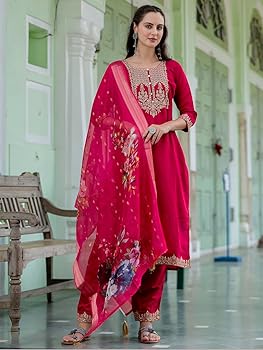 VredeVogel Womenu2019s Viscose Roman Silk Embroidery Straight Kurta Pant Set With Dupatta