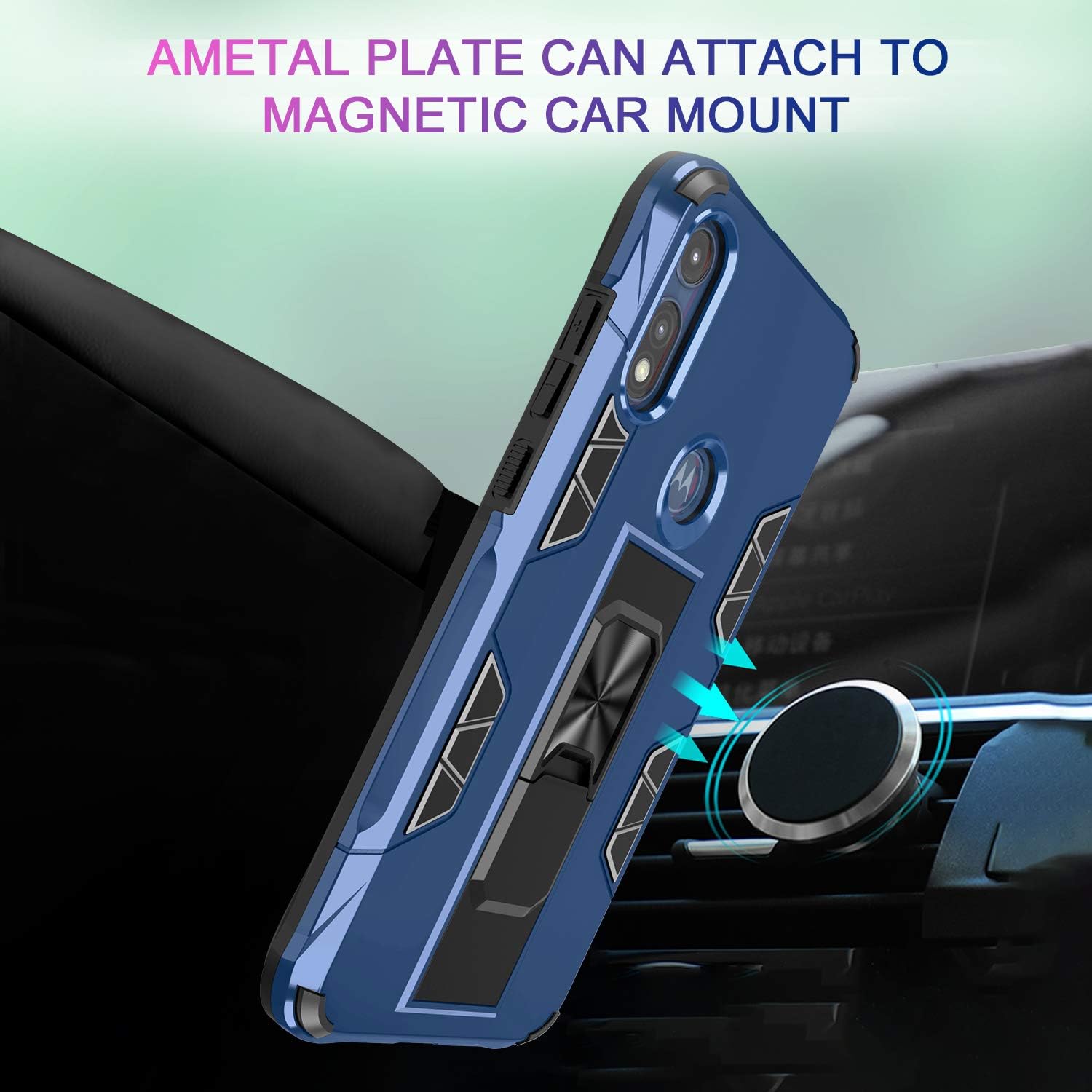 LeYi Compatible with Moto E Phone Case, Motorola Moto E Case with Tempered Glass Screen Protector [2Pack], Military-Grade Shockproof Built-in Kickstand Car Mount Phone Cover Case for Moto E 2020, Blue