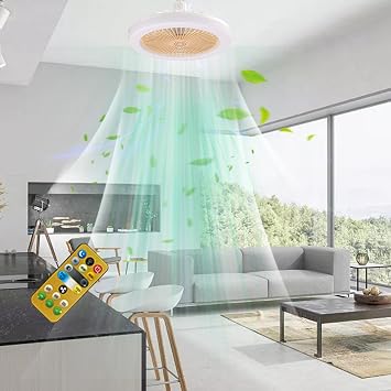 Enclosed Ceiling Fans with Lights & Remote, 10 Inch Mini Bladeless Ceiling Fan with Light, Family Summer Gift for Kitchen Bathroom Garage Pantry Tool Room Store Room Closet Laundry Room (Yellow)