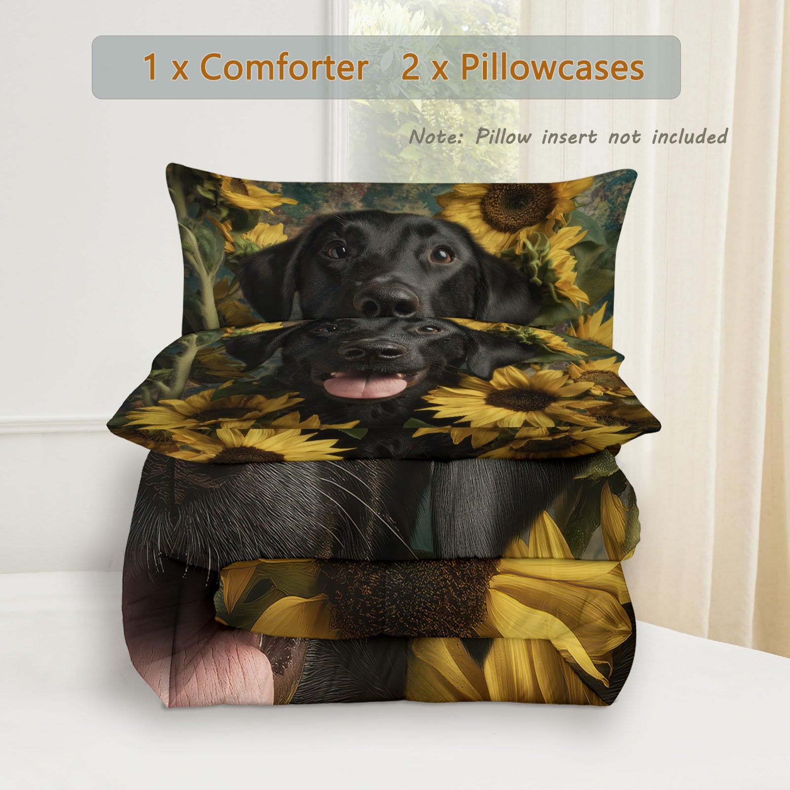 Zwierzęta labrador retriever, słonecznik, poszewka na kołdrę, rozmiar king size (230 x 220 cm), czarno-żółta, dwustronna, na każdą porę roku, z 2 poszewkami na poduszki, miękka i nadająca się do