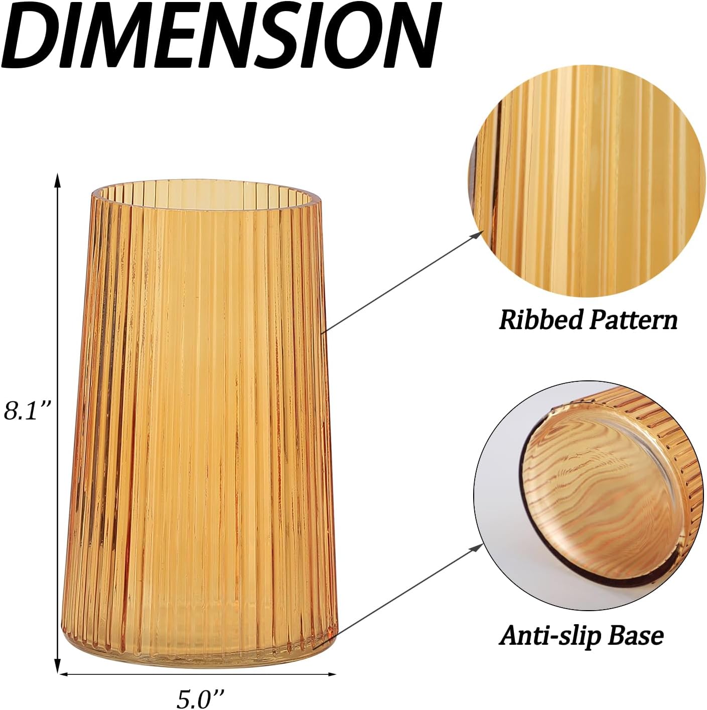 Amber Glass Vase for Flower, Flower Vase for Bouquet, Modern Glass Vases, Ribbed Vases for Living Room, Bedroom, Dining Table, Office, Wedding, Centerpieces, 8 Inches - Image 7