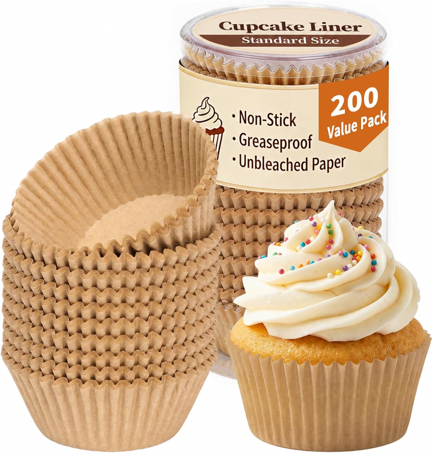 KORCCI 200 Premium Cupcake & Muffin Liners – Unbleached Parchment Paper, Greaseproof & Non-Stick Baking Cups for Muffins, Cupcakes, and Party Treats