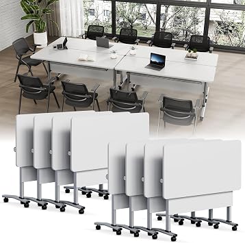 Folding Conference Room Table with Wheels, 8 Pack Modular Training Tables with Silent Locking Casters, Flip Top Foldable Mobile Rolling Meeting Seminar Tables for Office, Class 8, White, 55.1in